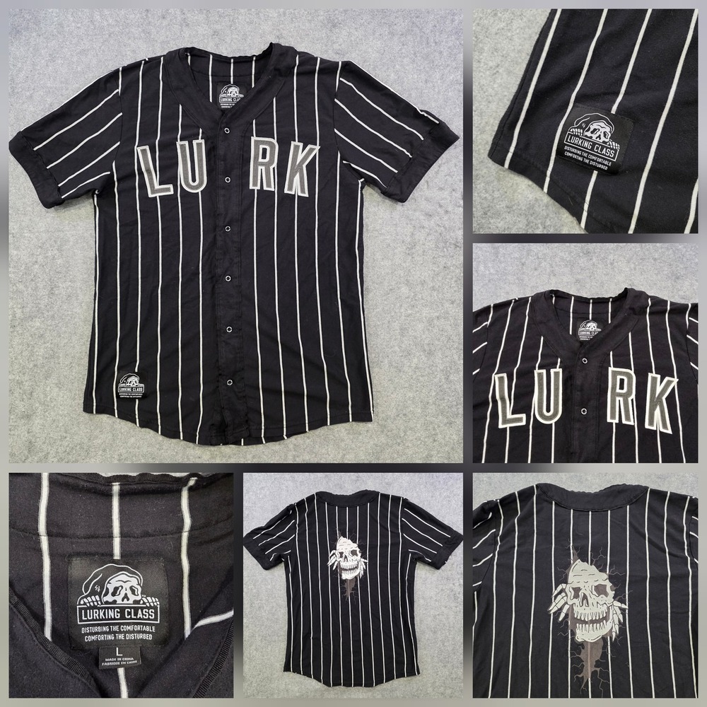 Lurking Class Shirt Mens‎ Large Black Pinstripe LURK Baseball Skull Jersey
